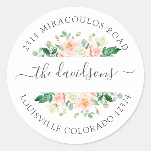 Roze Witte Bloemige Retouradres Enveloppeel Zak Ronde Sticker (Voorkant)