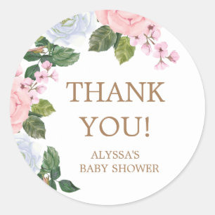 Roze Witte Bloemige Rozen Baby Shower Bedankt Ronde Sticker