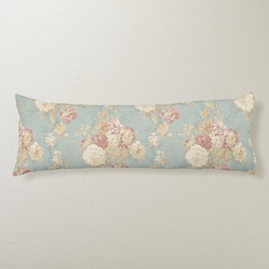 Roze Witte Blush Rozen op Blauwe Achtergrond Lichaamskussen (Voorkant)