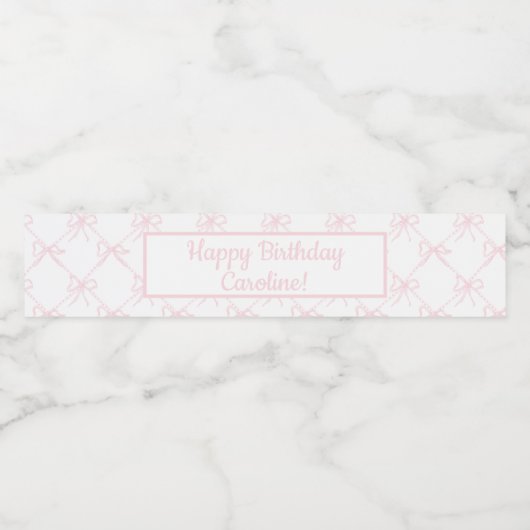 Roze & Witte Boog, Aangepaste Roze Lint Verjaardag Waterfles Etiket (Enkel label)
