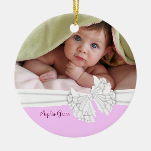 Roze & Witte Bow Baby Meisje Foto Ornament (Voorkant)