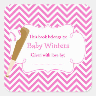 Roze/Witte Chevron Baseball Baby shower Boekplaat Vierkante Sticker