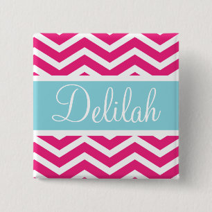 Roze witte Chevron Blauwe Naam Vierkante Button 5,1 Cm