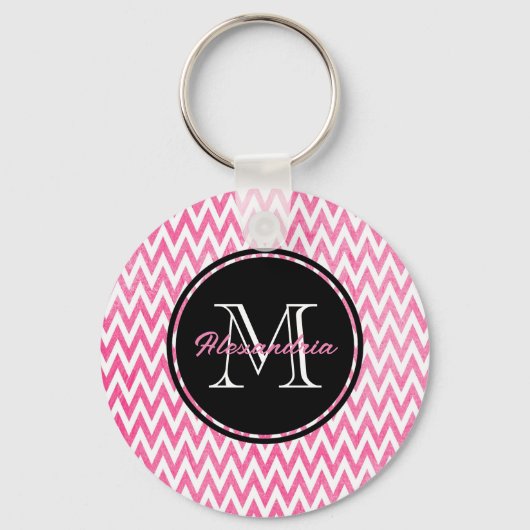 Roze witte Chevron-monogram Sleutelhanger (Voorkant)