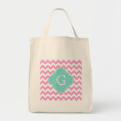 Roze witte Chevron Zigzag Aqua Quatrefoil Monogram Tote Bag (Voorkant)