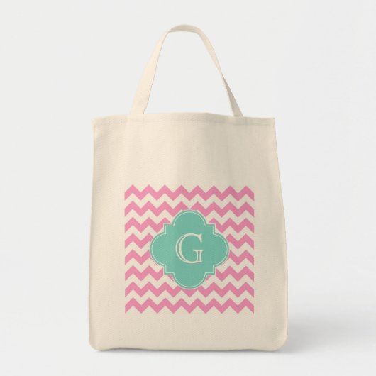 Roze witte Chevron Zigzag Aqua Quatrefoil Monogram Tote Bag (Voorkant)
