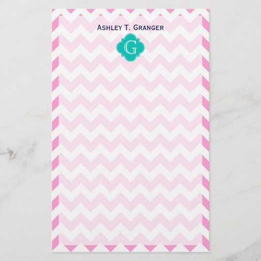 Roze witte Chevron Zigzag Blauwgroen Quatrefoil Mo Briefpapier (Voorkant)