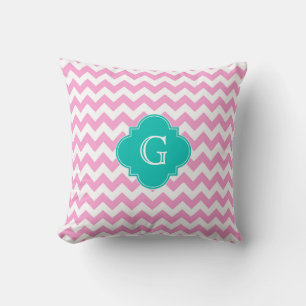Roze witte Chevron Zigzag Blauwgroen Quatrefoil Mo Kussen