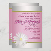 Roze Witte Daisy Bat Mitswa Uitnodigingen (Voorkant / Achterkant)