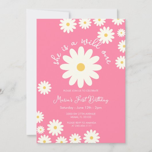 Roze Witte Daisy Ze is een Wild ONE Verjaardag Kaart (Voorkant)