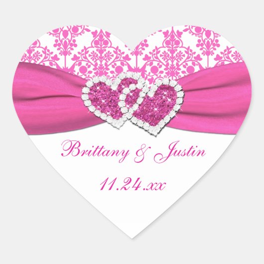 Roze, witte Damask Joined Hearts Bruiloft Sticker (Voorkant)