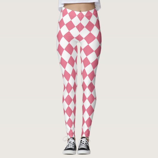 Roze Witte Diamant Checker Patroon Leggings (Voorkant)