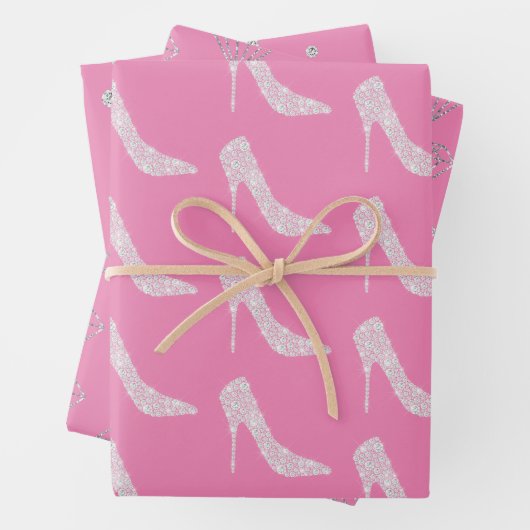 Roze Witte Diamant Hoge Hak Schoen Bruiloft Inpakpapier Vel (In situ)