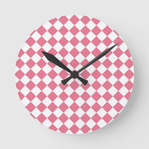 Roze Witte Diamant Schaken Patroon Ronde Klok