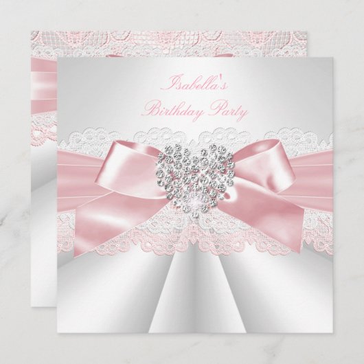  roze witte diamanthartslag Birthday Party Kaart (Voorkant / Achterkant)