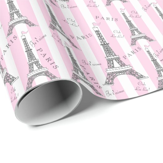 Roze | Witte Eiffeltoren in Parijs Cadeaupapier (Rol Hoek)