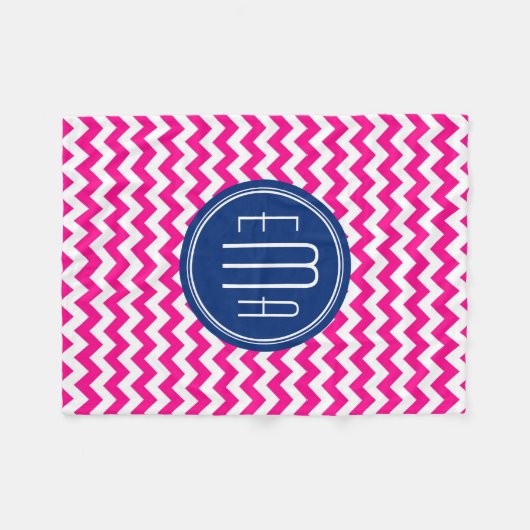 Roze witte en blauwe monogram Chevron Patroon Fleece Deken (Voorkant (Horizontaal))