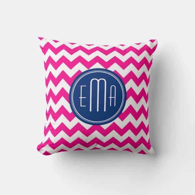 Roze witte en blauwe monogram Chevron Patroon Kussen (Voorkant)