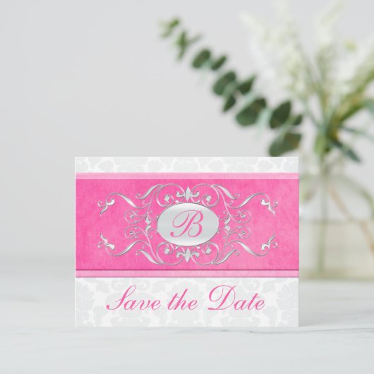 Roze, witte en grijze damast Save the Date Aankondigingskaart (Staand voorkant)