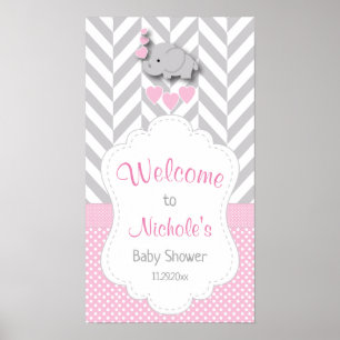 Roze, witte en grijze ellephant Baby shower Welkom Poster