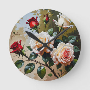 roze witte en rode rozen olieverfschilderij ronde klok