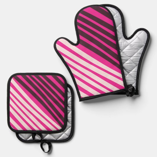 Roze witte en zwarte strepen ovenwant & pannenlap set (Voorkant / Achterkant)