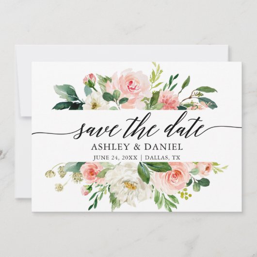 Roze witte Floral kalligrafie sparen de Datum Kaar Save The Date (Voorkant)