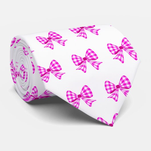 Roze-witte gingham boog patroon stropdas (Opgerold)