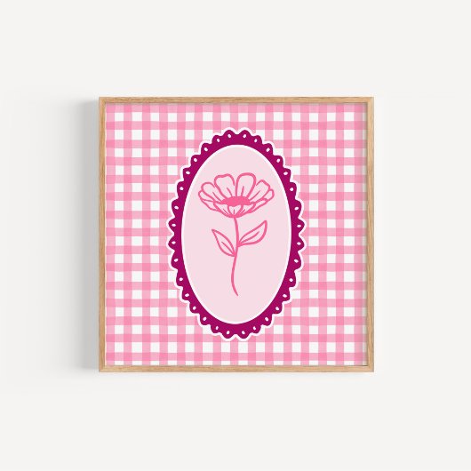 Roze & Witte Gingham & Frame Bloem Kunst Poster