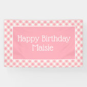 Roze Witte Gingham Little Girl's Happy Birthday Spandoek (Horizontaal)