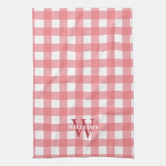 Roze witte gingham naam & Initiaal Theedoek (Verticaal)
