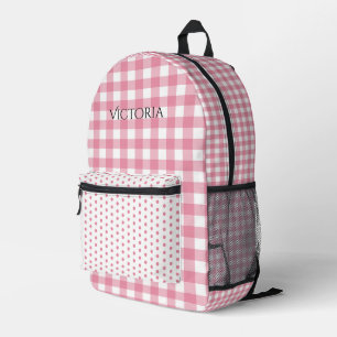Roze Witte Gingham Stippen Persoonlijk Bedrukte Rugzak