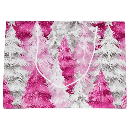 Roze witte glans kerstbomen groot cadeauzakje (Voorkant)