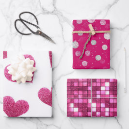 Roze Witte Glitter Hart Geruit Inpakpapier Vel