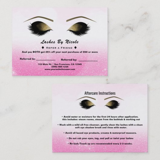 Roze Witte Glitter Lashes Verwijs Vriend Nazorg Aanbevelingskaartje (Voorkant / Achterkant)
