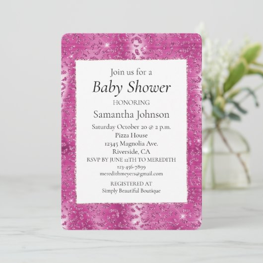 Roze Witte Glitter Luipaard Baby Shower Kaart (Staand voorkant)