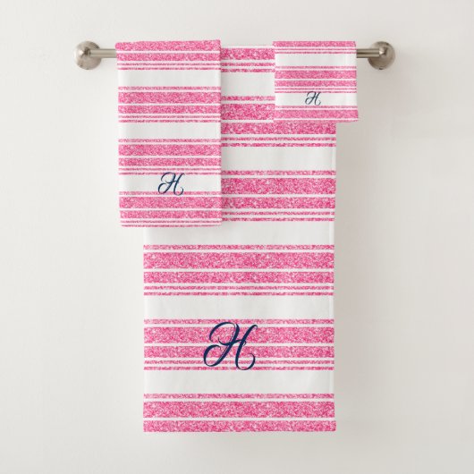 Roze & Witte Glitter Strepen Monogram Bad Handdoek (Insitu)