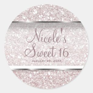 Roze Witte Glitters Glam Sweet 16 Feest Favor Ronde Sticker