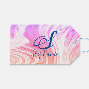 Roze Witte Golf Abstract Meisjesachtige Monogramme Cadeaulabel