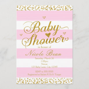 Roze Witte & Gouden BABY SHOWER Meisjes Uitnodigin Kaart