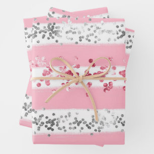 Roze Witte Grijs Glitter Verjaardag Baby Shower Inpakpapier Vel