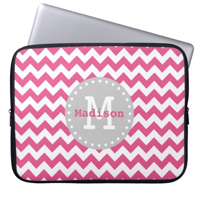 Roze witte grijze Chevron Zigzag Monogram Laptop Sleeve (Voorkant)