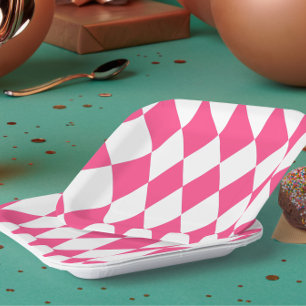 Roze Witte Harlequin Diamonds Checkers Ontwerp Papieren Bordje