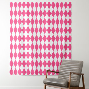 Roze Witte Harlequin Diamonds Checkers Ontwerp Wandkleed