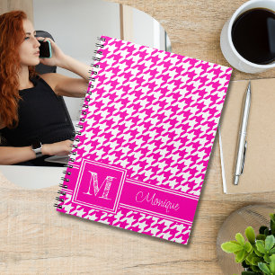 Roze Witte Houndstooth Modern monogram Notitieboek