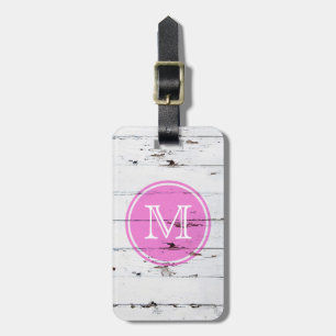 roze witte houtkorrelroze monogram bagagelabel