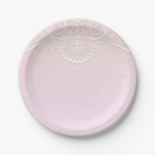 Roze, witte kant, religieus papieren bordje