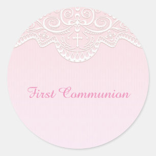 Roze, witte kant, religieus ronde sticker