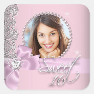 Roze Witte Kant Zoete Zestien Verjaardag Foto Vierkante Sticker