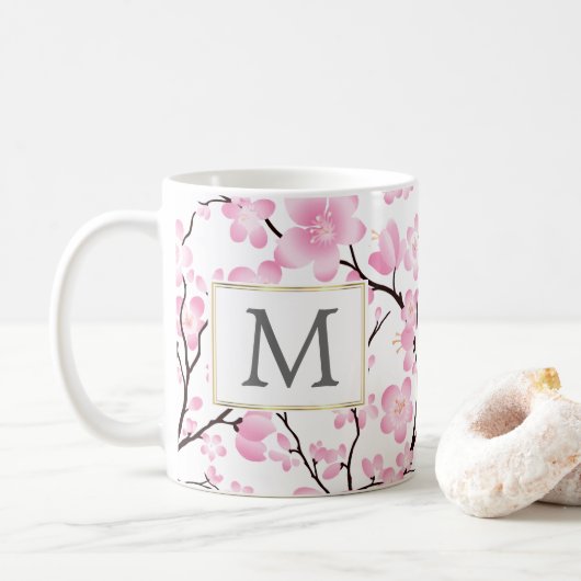 roze witte kerry bloesem initiaal aanpasbare mok (Met donut)